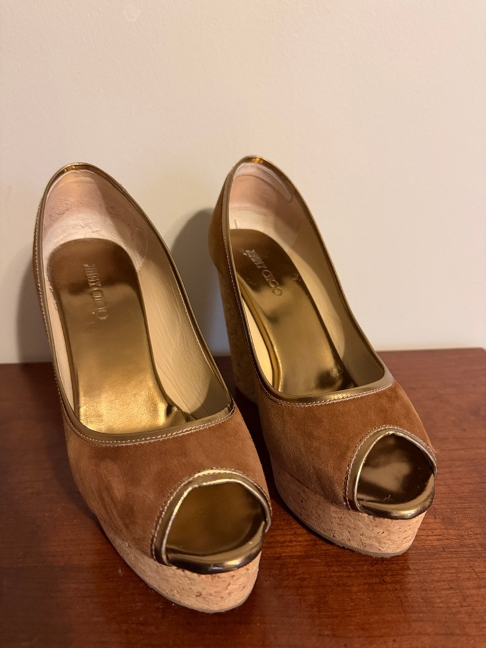 Jimmy Choo Brown Suede and Gold Trim Cork Platform Peep-Toe Pumps